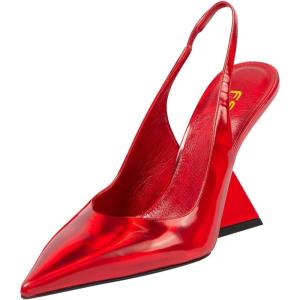 imageFSJ Women Closed Pointed Toe High Wedge Heel Slingback Pumps Stretch Strap SlipOn Fashion Office Wedding Party Dress Shoes Size 416 USRed