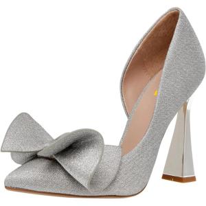 imageFSJ Women Cute Bow Closed Toe Chunky High Heels Slip On Glitter DOrsay Pumps Bridal Wedding Banquet Outfit Shoes Size 415 USGrey