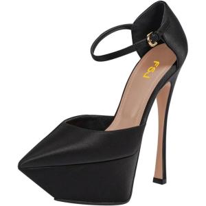 imageFSJ Women Elegant Platform Stiletto Heel Ankle Strap Pumps Pointed Toe Stunning High Heel Sexy Party Wedding Dress Shoes Size 416 USBlack Satin