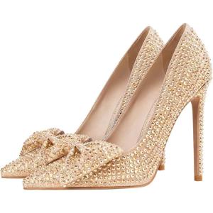 imageFSJ Women Fashion Pointed Toe Glitter Rhinestone High Heel Wedding Pump Sexy Slip On Stiletto Party Sparkly Prom Dress Shoe with Cute Bowknot Size 415 USChampagne