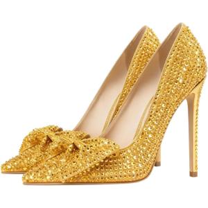 imageFSJ Women Fashion Pointed Toe Glitter Rhinestone High Heel Wedding Pump Sexy Slip On Stiletto Party Sparkly Prom Dress Shoe with Cute Bowknot Size 415 USGold