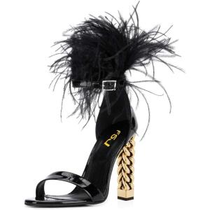 imageFSJ Women Flower Gold Metal Chain Chunky High Heels Ankle Strap Sandals Open Toe Fashion Summer Dressy Shoes Size 415 USBlack Fur