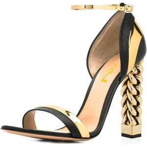 imageFSJ Women Flower Gold Metal Chain Chunky High Heels Ankle Strap Sandals Open Toe Fashion Summer Dressy Shoes Size 415 USBlack Gold