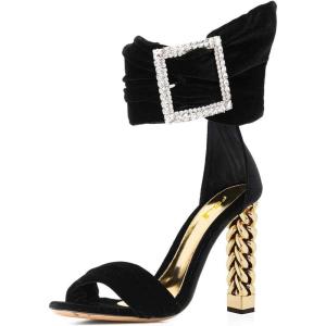 imageFSJ Women Flower Gold Metal Chain Chunky High Heels Ankle Strap Sandals Open Toe Fashion Summer Dressy Shoes Size 415 USBlack Velvet