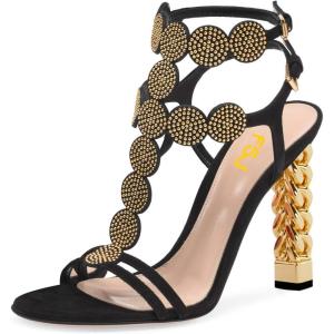 imageFSJ Women Flower Gold Metal Chain Chunky High Heels Ankle Strap Sandals Open Toe Fashion Summer Dressy Shoes Size 415 USDots