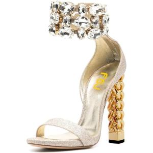imageFSJ Women Flower Gold Metal Chain Chunky High Heels Ankle Strap Sandals Open Toe Fashion Summer Dressy Shoes Size 415 USGold Crystal