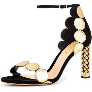 imageFSJ Women Flower Gold Metal Chain Chunky High Heels Ankle Strap Sandals Open Toe Fashion Summer Dressy Shoes Size 415 USGold Dots