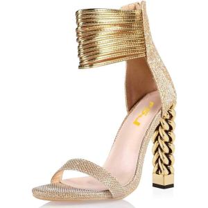 imageFSJ Women Flower Gold Metal Chain Chunky High Heels Ankle Strap Sandals Open Toe Fashion Summer Dressy Shoes Size 415 USGold Glitter
