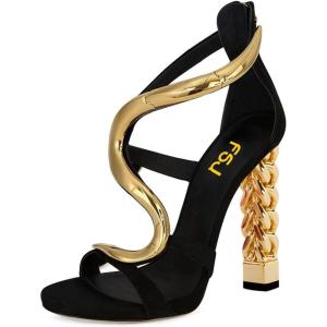 imageFSJ Women Flower Gold Metal Chain Chunky High Heels Ankle Strap Sandals Open Toe Fashion Summer Dressy Shoes Size 415 USGold S
