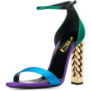 imageFSJ Women Flower Gold Metal Chain Chunky High Heels Ankle Strap Sandals Open Toe Fashion Summer Dressy Shoes Size 415 USGreen Purple