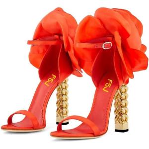 imageFSJ Women Flower Gold Metal Chain Chunky High Heels Ankle Strap Sandals Open Toe Fashion Summer Dressy Shoes Size 415 USOrange