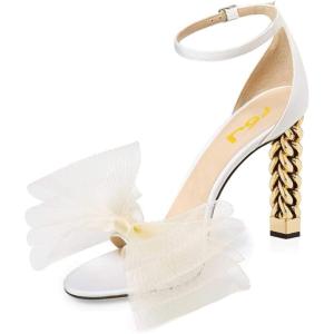 imageFSJ Women Flower Gold Metal Chain Chunky High Heels Ankle Strap Sandals Open Toe Fashion Summer Dressy Shoes Size 415 USWhite