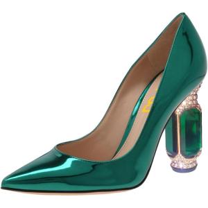 imageFSJ Women Gorgeous Pointed Toe Crystal Block Chunky High Heel Pumps Slip On Ladies Wedding Evening Shoes Size 416 USGreen