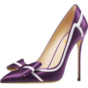 imageFSJ Women High Heel Pumps Stripes Bowtie Pointed Toe Elegant Stiletto Slip On Evening Party Dress Shoes Size 415 USPurple