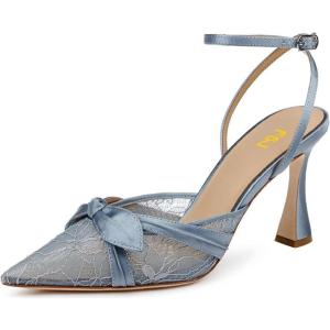imageFSJ Women Lace High Heel Bowknot Closed Pointed Toe Pumps Ankle Strap DOrsay Heeled Sandals Wedding Bridal Satin Shoes Size 416 USBlue