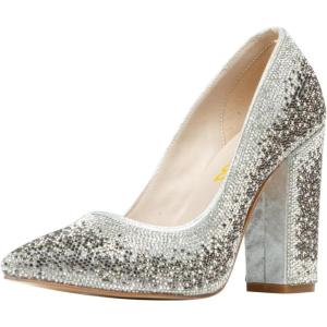 imageFSJ Women Luxury Pearl Studded Pointed Toe Pumps Chunky Block High Heel Sparkly Rhinestone Embellished Slip On Wedding Party Formal Event Shoes Size 416 USSilver Grey Crystals