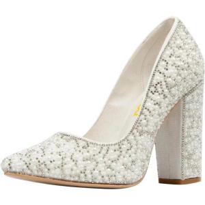 imageFSJ Women Luxury Pearl Studded Pointed Toe Pumps Chunky Block High Heel Sparkly Rhinestone Embellished Slip On Wedding Party Formal Event Shoes Size 416 USWhite Pearls