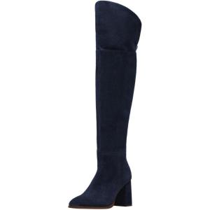 imageFSJ Women OverTheKnee Boots Round Toe Thigh High Chunky Heel Suede Pullon Long Stretch Sexy Winter Shoes Size 416 USNavy Blue