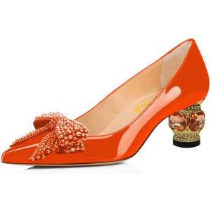 imageFSJ Women Pointed Toe Crystal Pump Rhinestone Bow Block Low Heel Slip On Comfy Date Shoes Size 416 USOrange