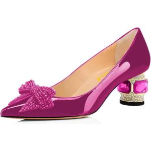 imageFSJ Women Pointed Toe Crystal Pump Rhinestone Bow Block Low Heel Slip On Comfy Date Shoes Size 416 USViolet Red