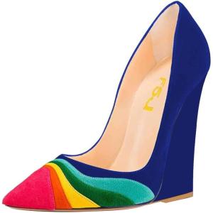 imageFSJ Women Pointed Toe Wedges High Heel Pumps Sexy Slip On Formal Closed Toe Wedding Party Evening Dress Shoes Size 416 USBlue Multicolor Rainbow