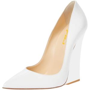 imageFSJ Women Pointed Toe Wedges High Heel Pumps Sexy Slip On Formal Closed Toe Wedding Party Evening Dress Shoes Size 416 USWhite