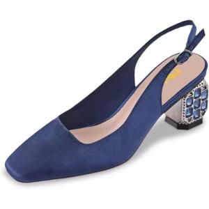 imageFSJ Women Slingback Mid Chunky Heels Pumps Closed Square Toe Crystal Block Wedding Office Work Shoes Size 416 USBlue