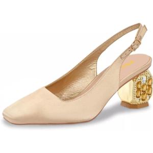 imageFSJ Women Slingback Mid Chunky Heels Pumps Closed Square Toe Crystal Block Wedding Office Work Shoes Size 416 USGold