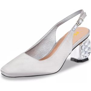 imageFSJ Women Slingback Mid Chunky Heels Pumps Closed Square Toe Crystal Block Wedding Office Work Shoes Size 416 USSilver