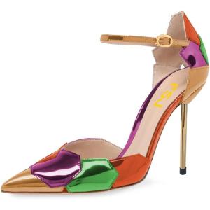 imageFSJ Women Stiletto High Heels DOrsay Pumps Pointed Closed Point Toe Ankle Strap Office Dress Shoes Size 415 M USMulticolor Gold