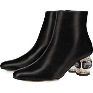 imageFSJ Women Round Toe Crystal Chunky Block Low Heel Ankle Boots Fashion Side Zipper Casual Prom Walking Shoes Size 416 USBlack