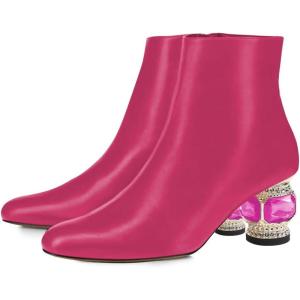 imageFSJ Women Round Toe Crystal Chunky Block Low Heel Ankle Boots Fashion Side Zipper Casual Prom Walking Shoes Size 416 USPink Matte