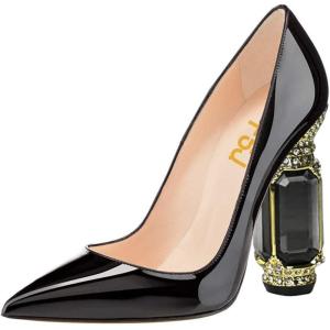 imageFSJ Women Bridal Pointed Toe Chunky High Heel Crystal Pumps Slip on Wedding Thick Comfort Unique Shoes Size 415 USBlack Patent