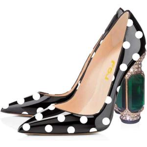 imageFSJ Women Bridal Pointed Toe Chunky High Heel Crystal Pumps Slip on Wedding Thick Comfort Unique Shoes Size 415 USBlack Polka Dots