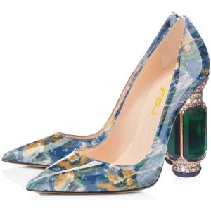 imageFSJ Women Bridal Pointed Toe Chunky High Heel Crystal Pumps Slip on Wedding Thick Comfort Unique Shoes Size 415 USBlue Printing