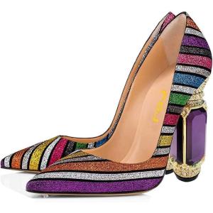 imageFSJ Women Bridal Pointed Toe Chunky High Heel Crystal Pumps Slip on Wedding Thick Comfort Unique Shoes Size 415 USMulticolored