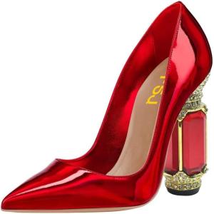 imageFSJ Women Bridal Pointed Toe Chunky High Heel Crystal Pumps Slip on Wedding Thick Comfort Unique Shoes Size 415 USRed 2