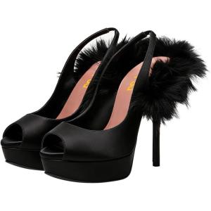 imageFSJ Women Peep Toe Pumps Feather Platform Stiletto Heels Fluffy Fur Slingback Sandals Glamorous Party Wedding Prom Shoes Size 416 USBlack