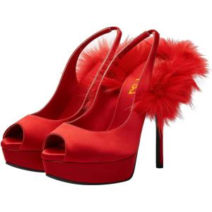 imageFSJ Women Peep Toe Pumps Feather Platform Stiletto Heels Fluffy Fur Slingback Sandals Glamorous Party Wedding Prom Shoes Size 416 USRed