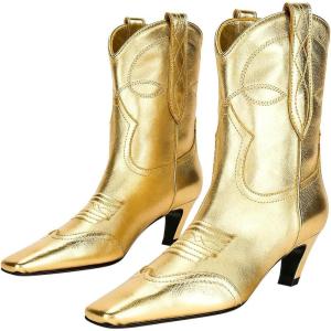 image:imageFSJ Women Square Toe Comfort Kitten Low Heel Ankle Boot Pull On Bootie Winter Cowgirl Cowboy Sexy Dressy Shoes Size 416 USGold