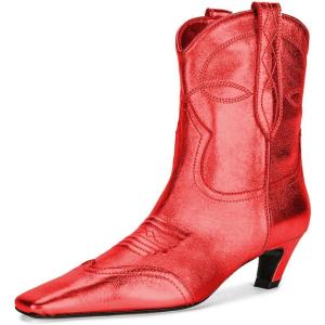 image:imageFSJ Women Square Toe Comfort Kitten Low Heel Ankle Boot Pull On Bootie Winter Cowgirl Cowboy Sexy Dressy Shoes Size 416 USRed Metallic Leather