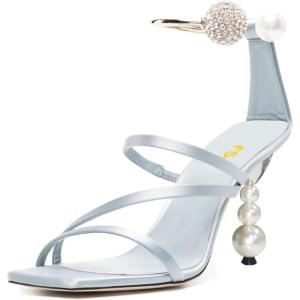 image:imageFSJ Women Bridal Square Open Toe Strappy Sandals Pearls High Heel Metal Ring Ankle Strap Rhinestones Sexy Wedding Party Prom Dress Shoes Size 416 USBaby Blue