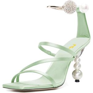 image:imageFSJ Women Bridal Square Open Toe Strappy Sandals Pearls High Heel Metal Ring Ankle Strap Rhinestones Sexy Wedding Party Prom Dress Shoes Size 416 USGrass Green