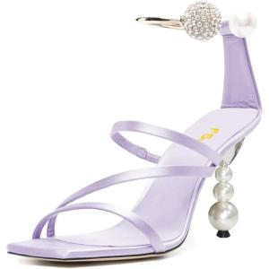 image:imageFSJ Women Bridal Square Open Toe Strappy Sandals Pearls High Heel Metal Ring Ankle Strap Rhinestones Sexy Wedding Party Prom Dress Shoes Size 416 USLavender
