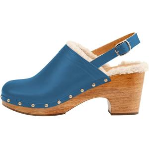 image:imageFSJ Women Closed Round Toe Clogs Fur Lining Rivets Wooden Chunky Mid Heel Slingback Mules with Studs Comfortable Shoes Size 416 USDeepskyblue
