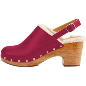 image:imageFSJ Women Closed Round Toe Clogs Fur Lining Rivets Wooden Chunky Mid Heel Slingback Mules with Studs Comfortable Shoes Size 416 USFuchsia