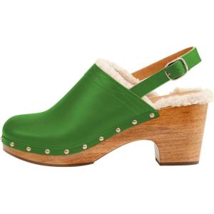 image:imageFSJ Women Closed Round Toe Clogs Fur Lining Rivets Wooden Chunky Mid Heel Slingback Mules with Studs Comfortable Shoes Size 416 USGreen