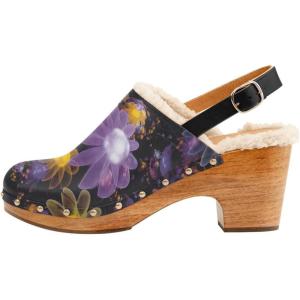 image:imageFSJ Women Closed Round Toe Clogs Fur Lining Rivets Wooden Chunky Mid Heel Slingback Mules with Studs Comfortable Shoes Size 416 USPurple Flowers