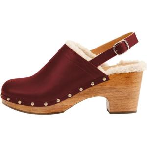 image:imageFSJ Women Closed Round Toe Clogs Fur Lining Rivets Wooden Chunky Mid Heel Slingback Mules with Studs Comfortable Shoes Size 416 USRed