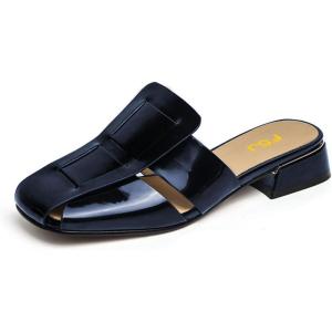 image:imageFSJ Women Closed Square Toe Block Low Heel Slide Sandals Slip On Woven Cage Backless Mules Casual Outdoor Shoes Size 415 USNavy Blue